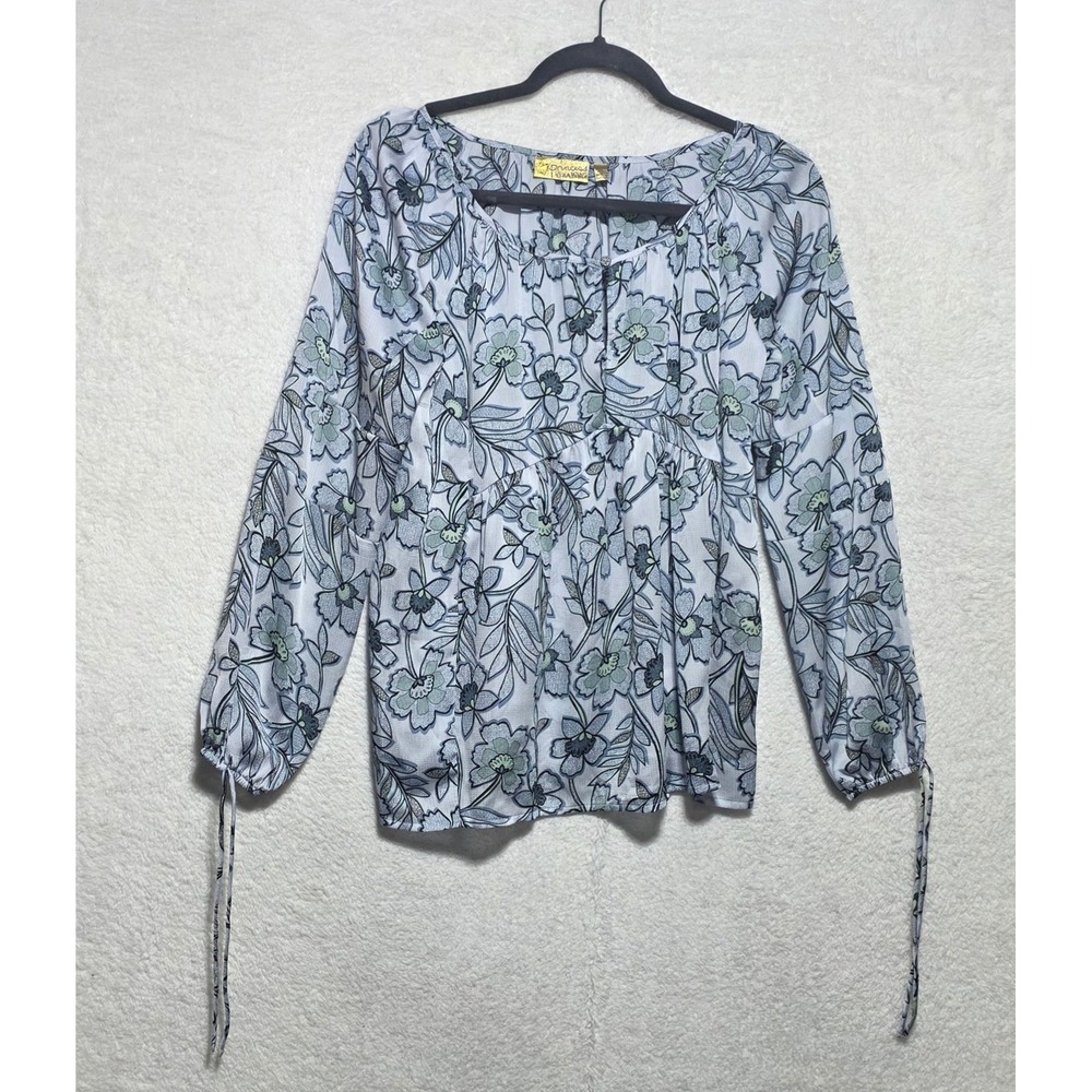 Princess Vera Wang Blue Floral Peasant Blouse Long Sleeve Tie Cuffs Small